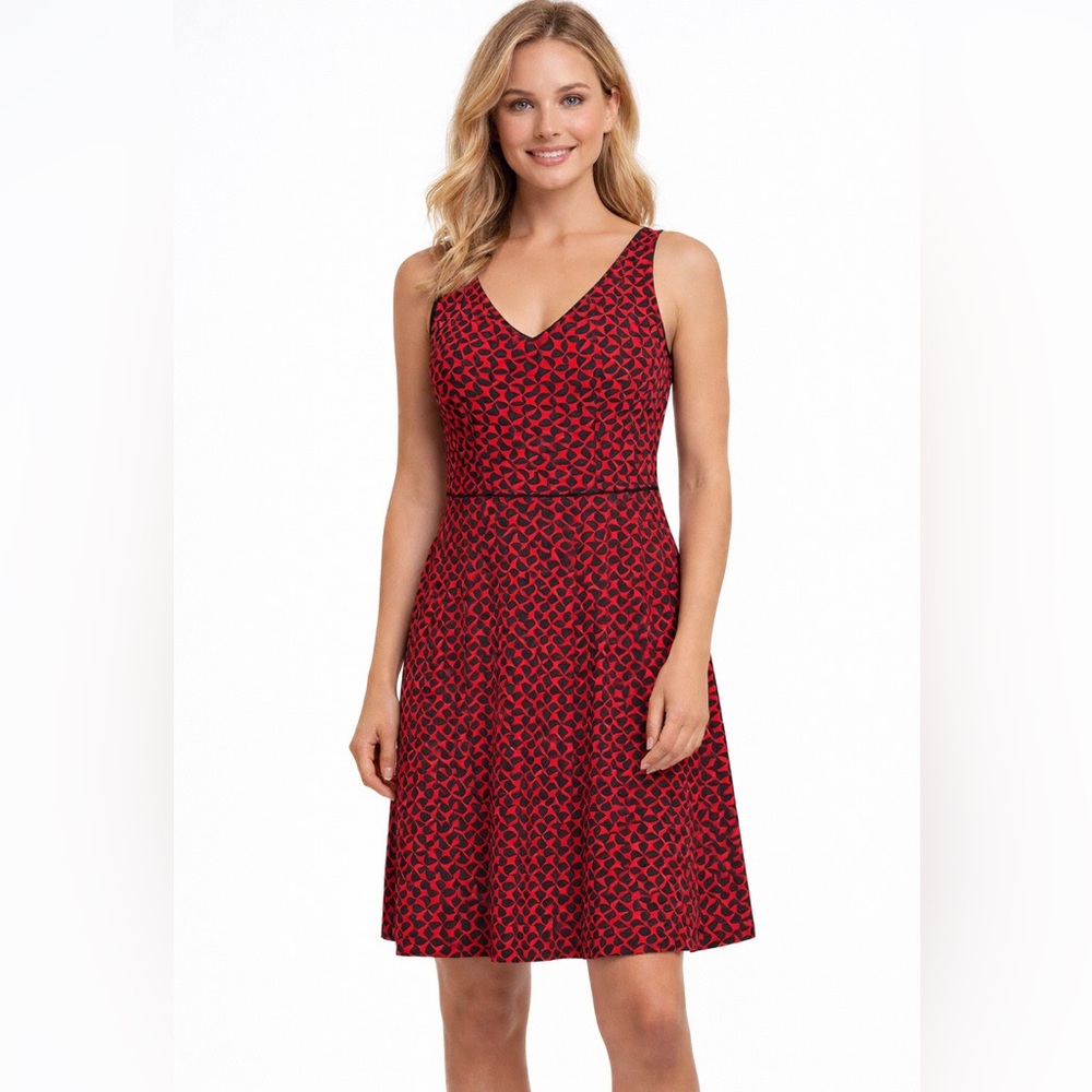 Tommy Hilfiger Women’s Sleeveless Fit & Flare Dress Size 4 Red Dk Blu Geometric
